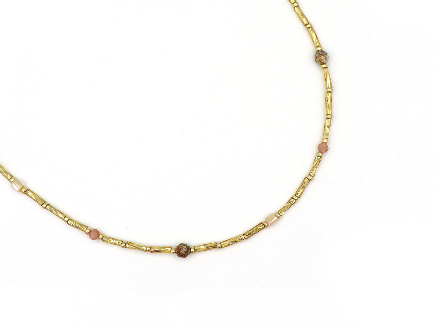 Necklace Fira jasper and sunstone, silver or gold stainless steel