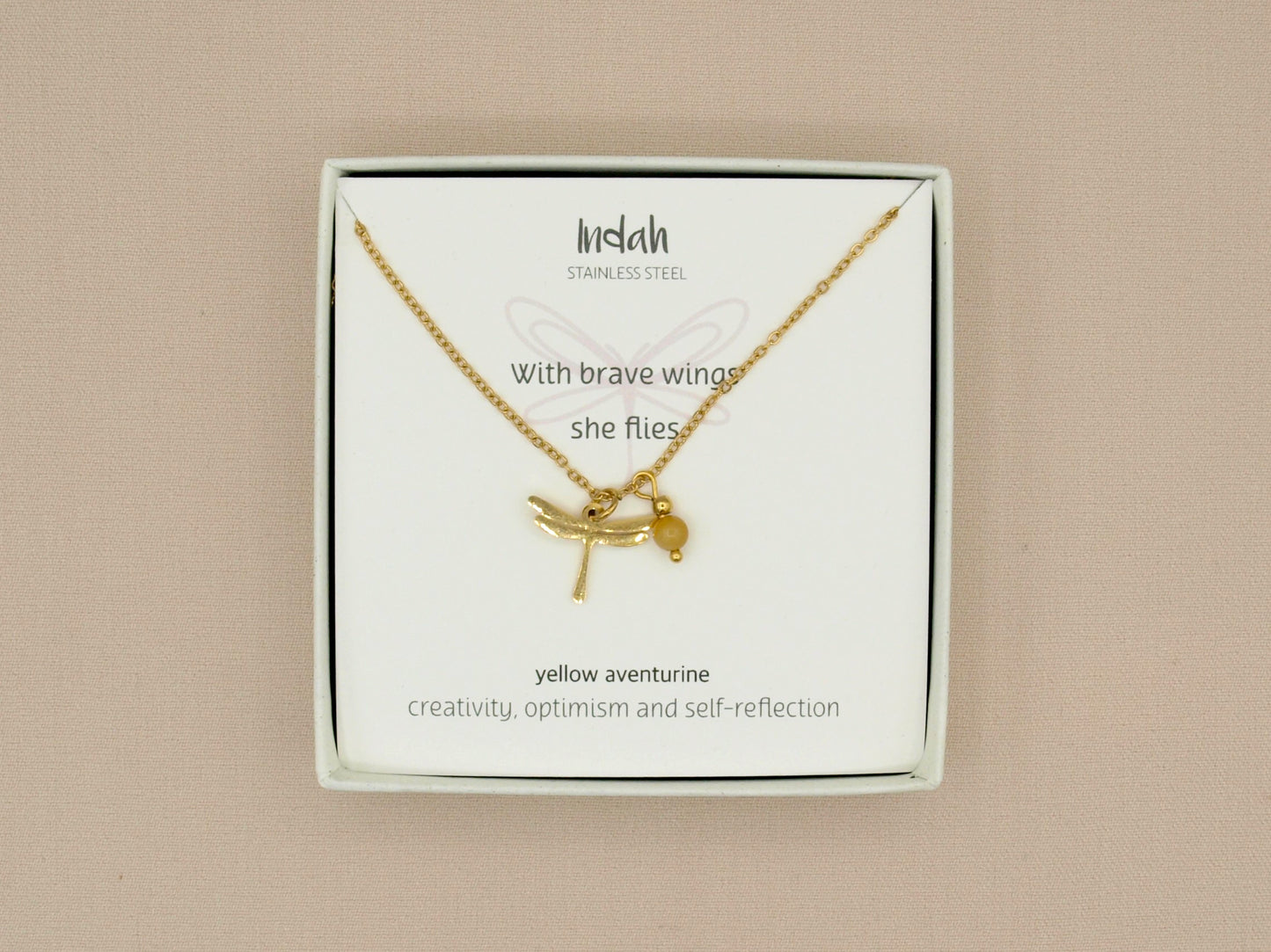 Necklace rock, dragonfly-yellow aventurine, silver and gold stainless steel
