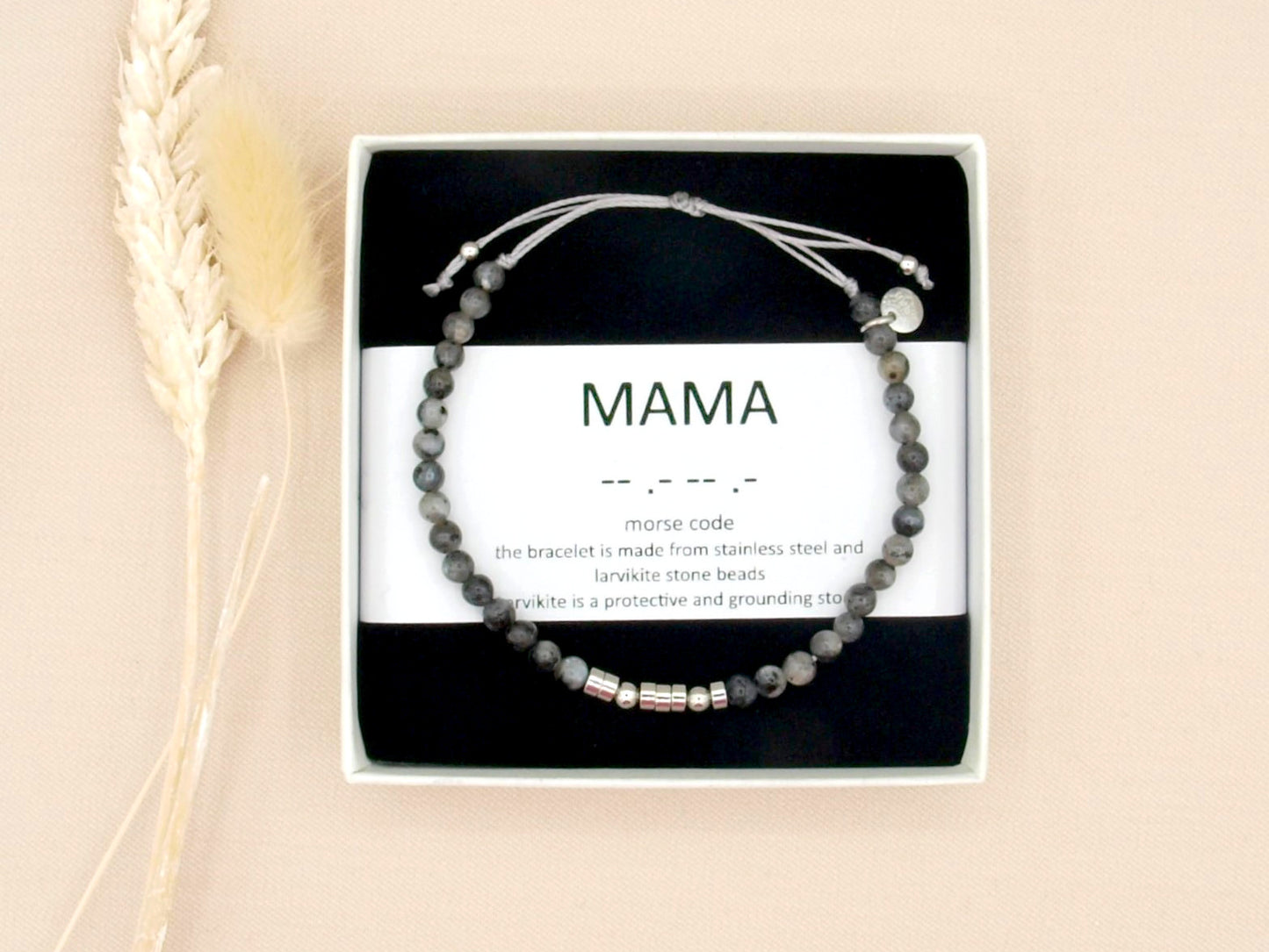 Personalized morse code bracelet, larvikite and stainless steel